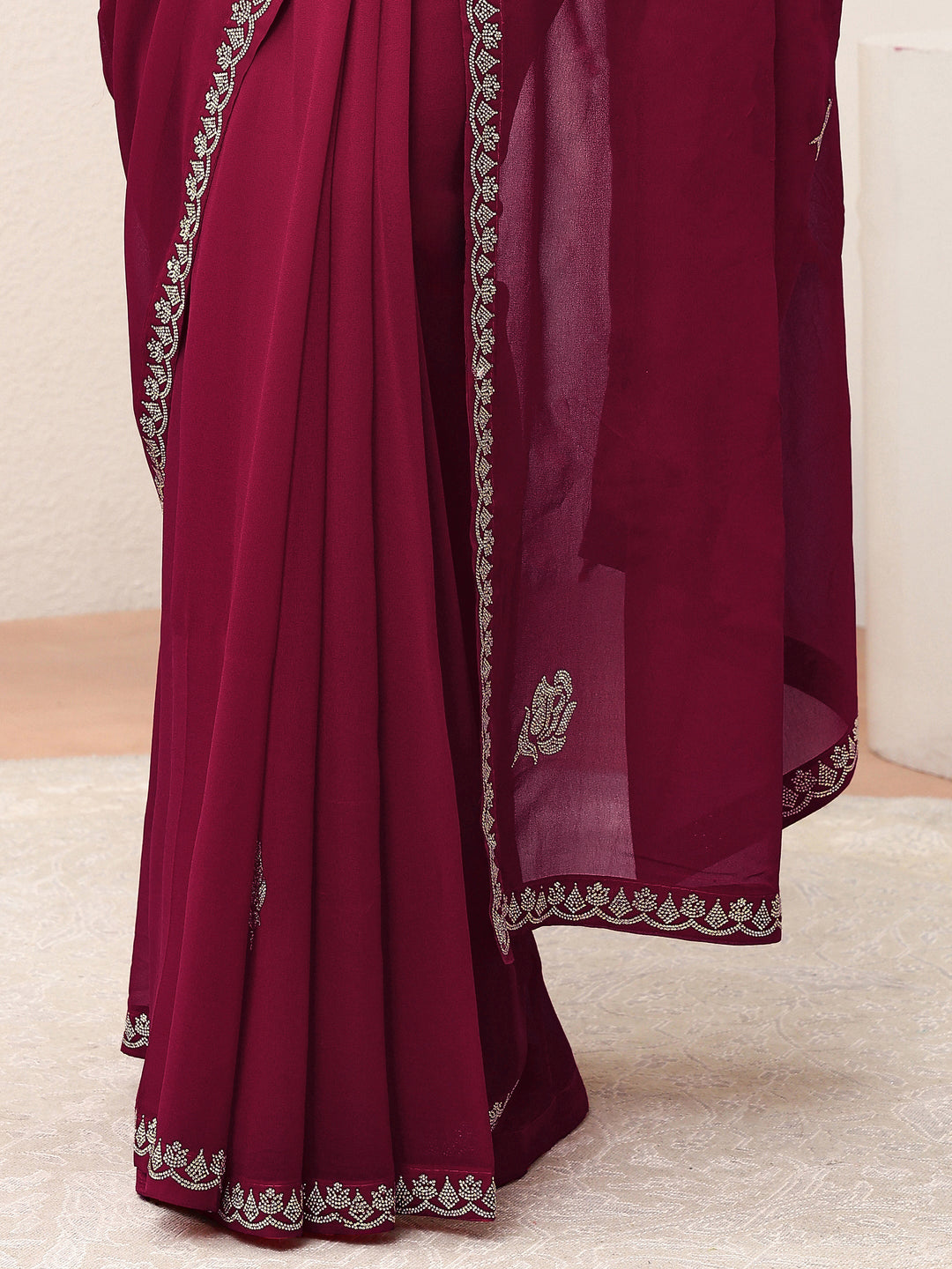  Hot Pink Floral Embellished Georgette Saree 