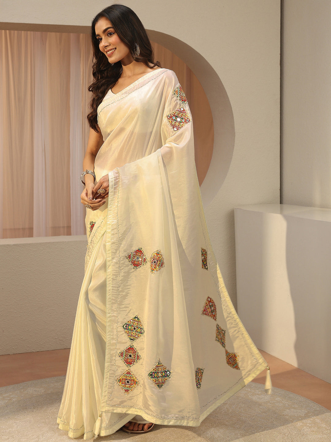  Cream Ethnic Embroidered Tissue Saree 