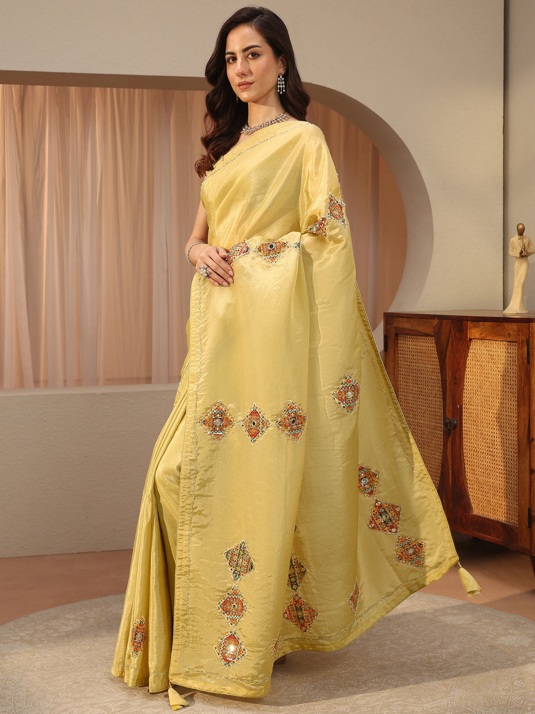  Mustard Ethnic Embroidered Tissue Saree 