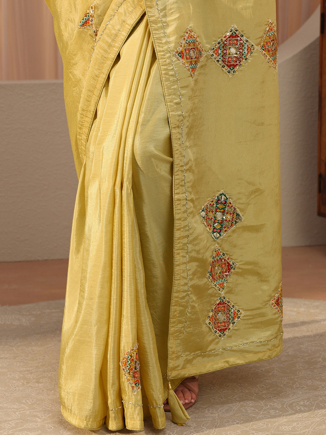  Mustard Ethnic Embroidered Tissue Saree 