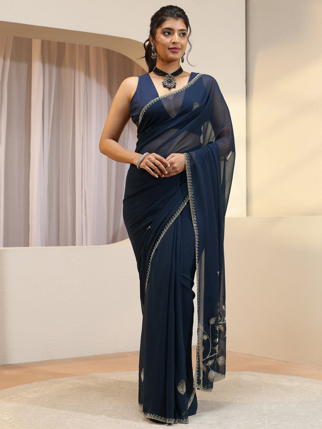  Navy Georgette Saree With Floral Embellished Pallu 