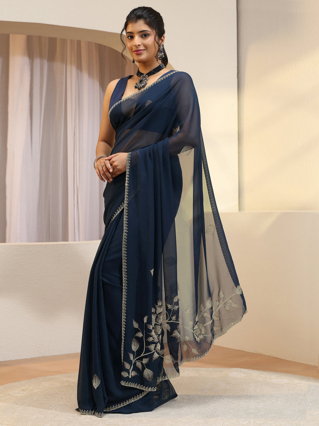  Navy Georgette Saree With Floral Embellished Pallu 