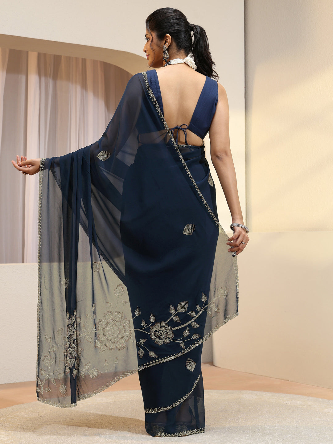  Navy Georgette Saree With Floral Embellished Pallu 