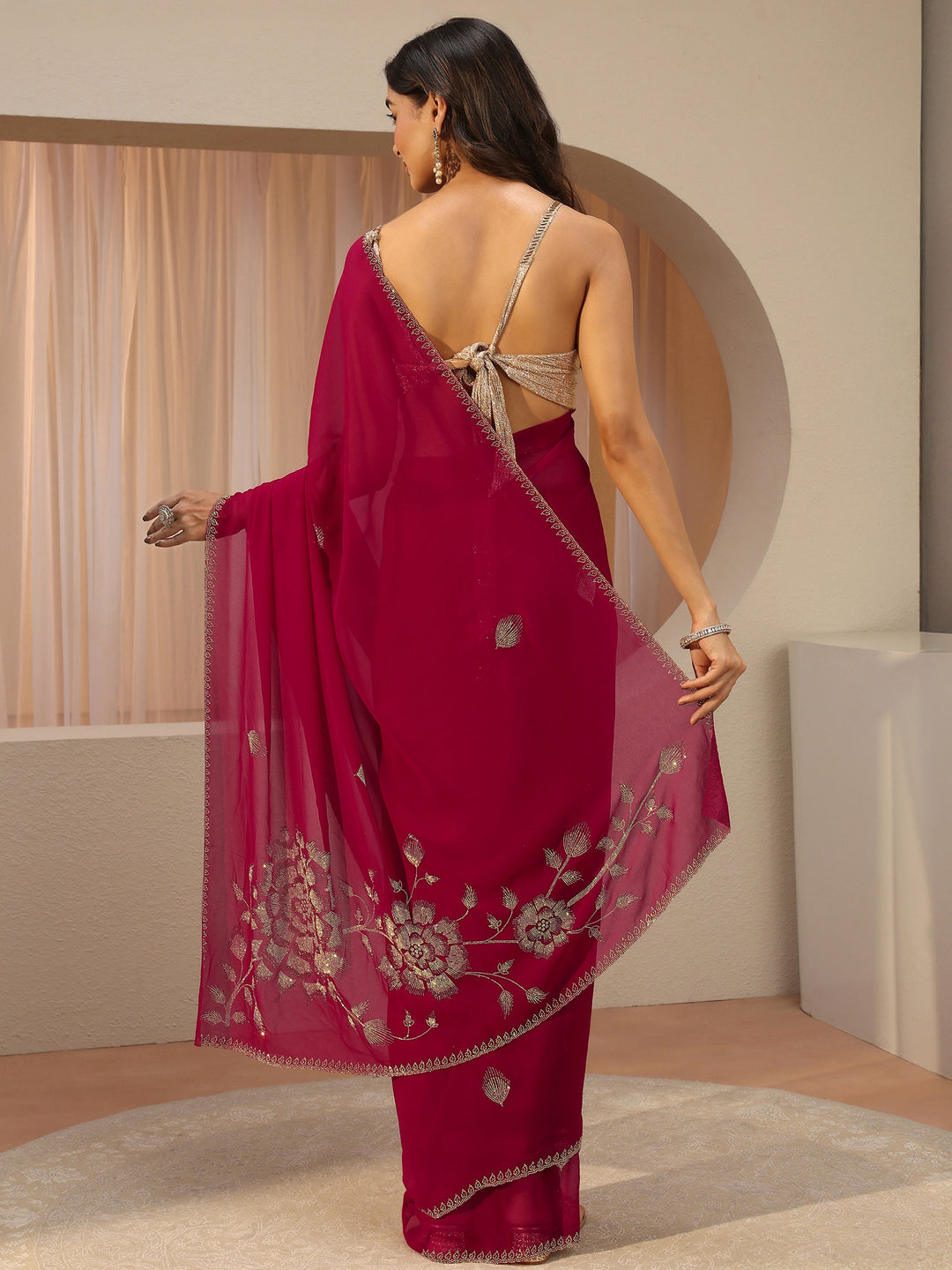  Raspberry Pink Floral Embellished Georgette Saree 