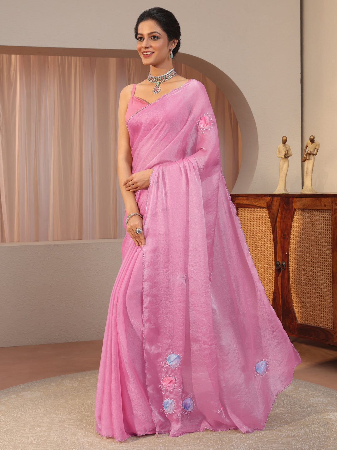  Pink Leaf Applique Tissue Saree 