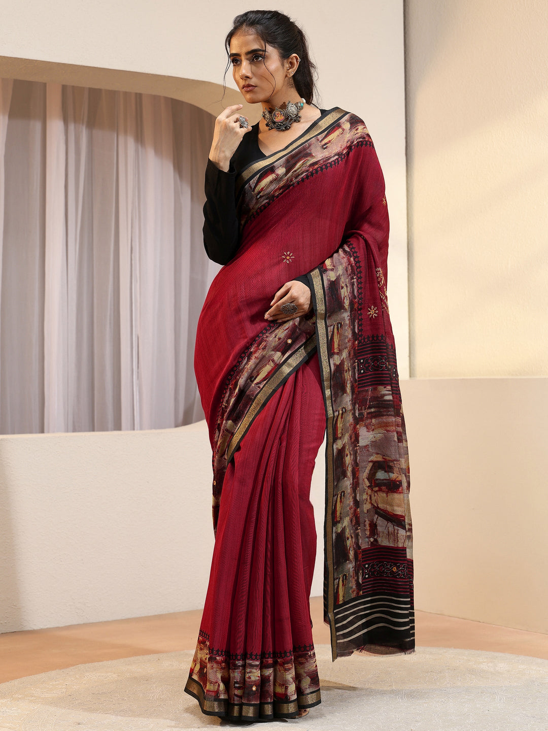  Brick Red Abstract Art Print Silk Blend Saree 