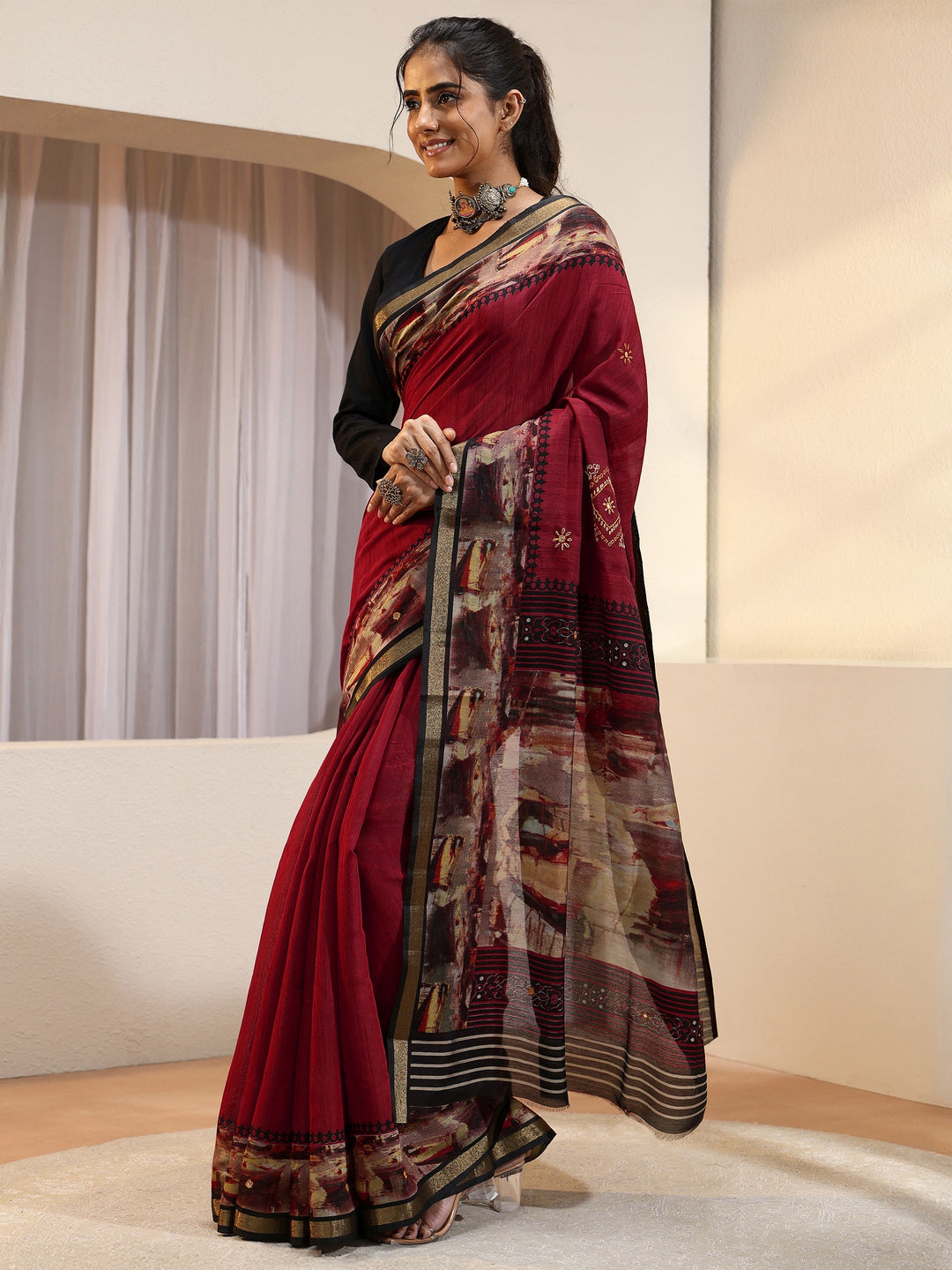  Brick Red Abstract Art Print Silk Blend Saree 