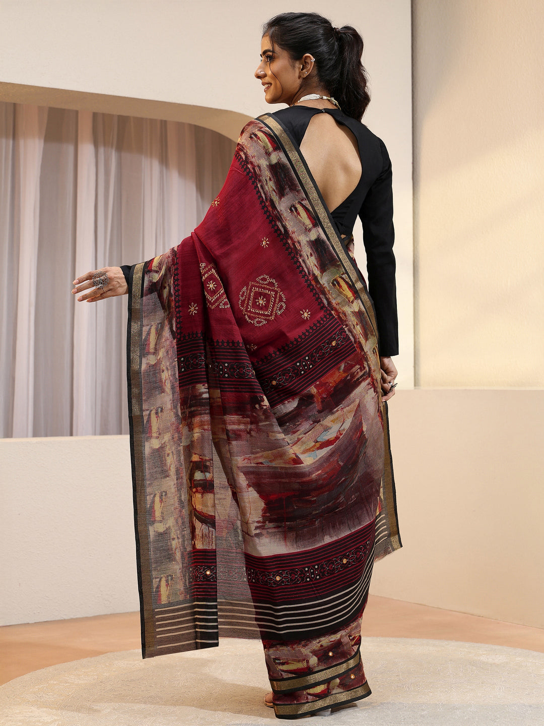  Brick Red Abstract Art Print Silk Blend Saree 