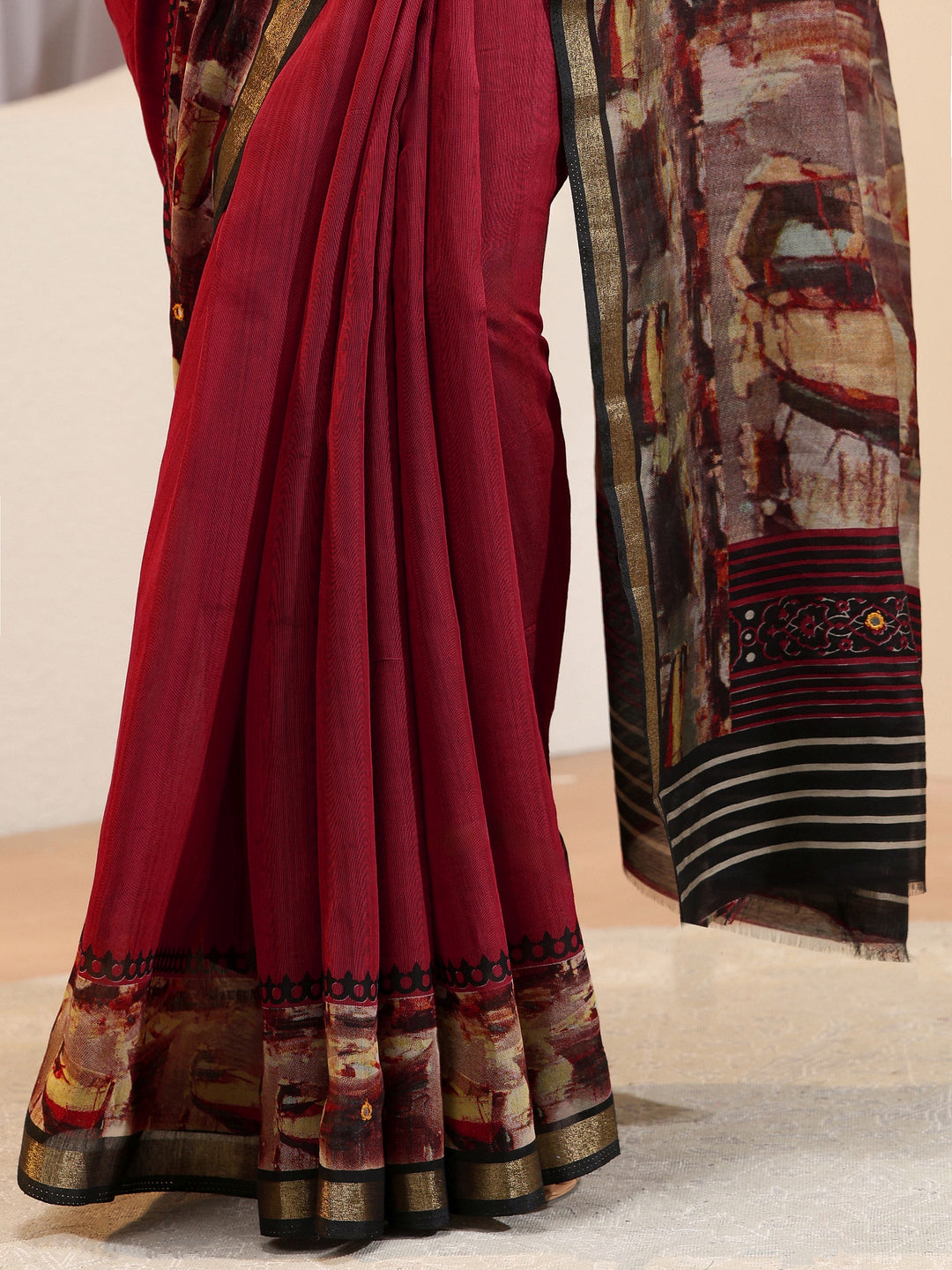  Brick Red Abstract Art Print Silk Blend Saree 