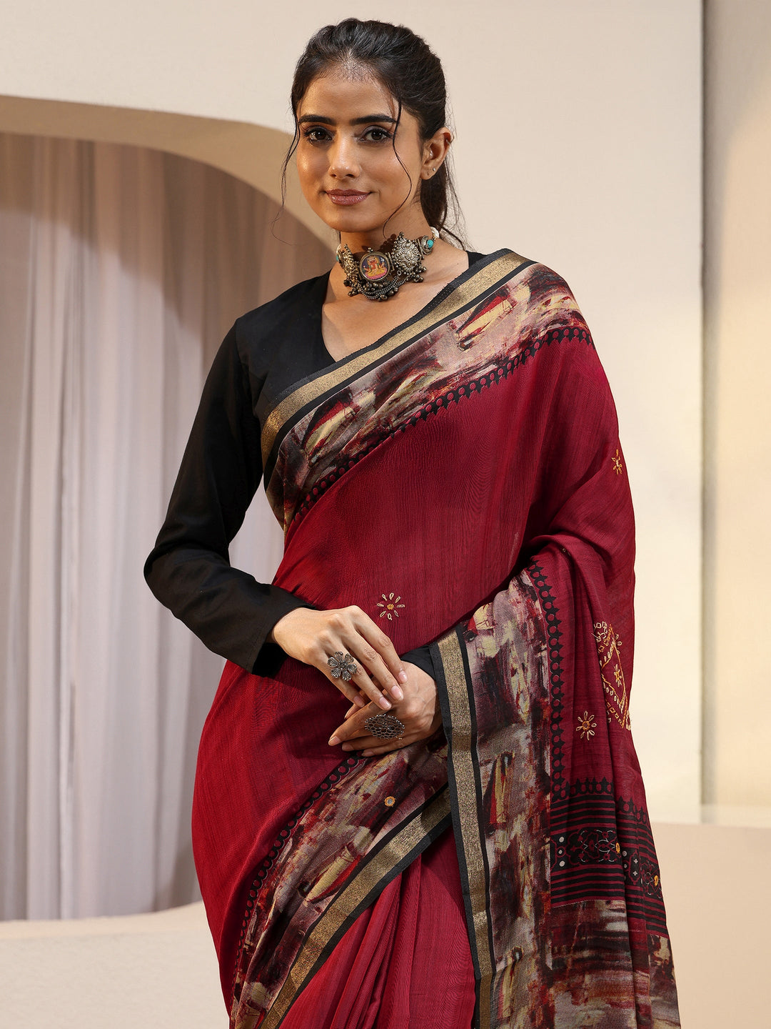  Brick Red Abstract Art Print Silk Blend Saree 