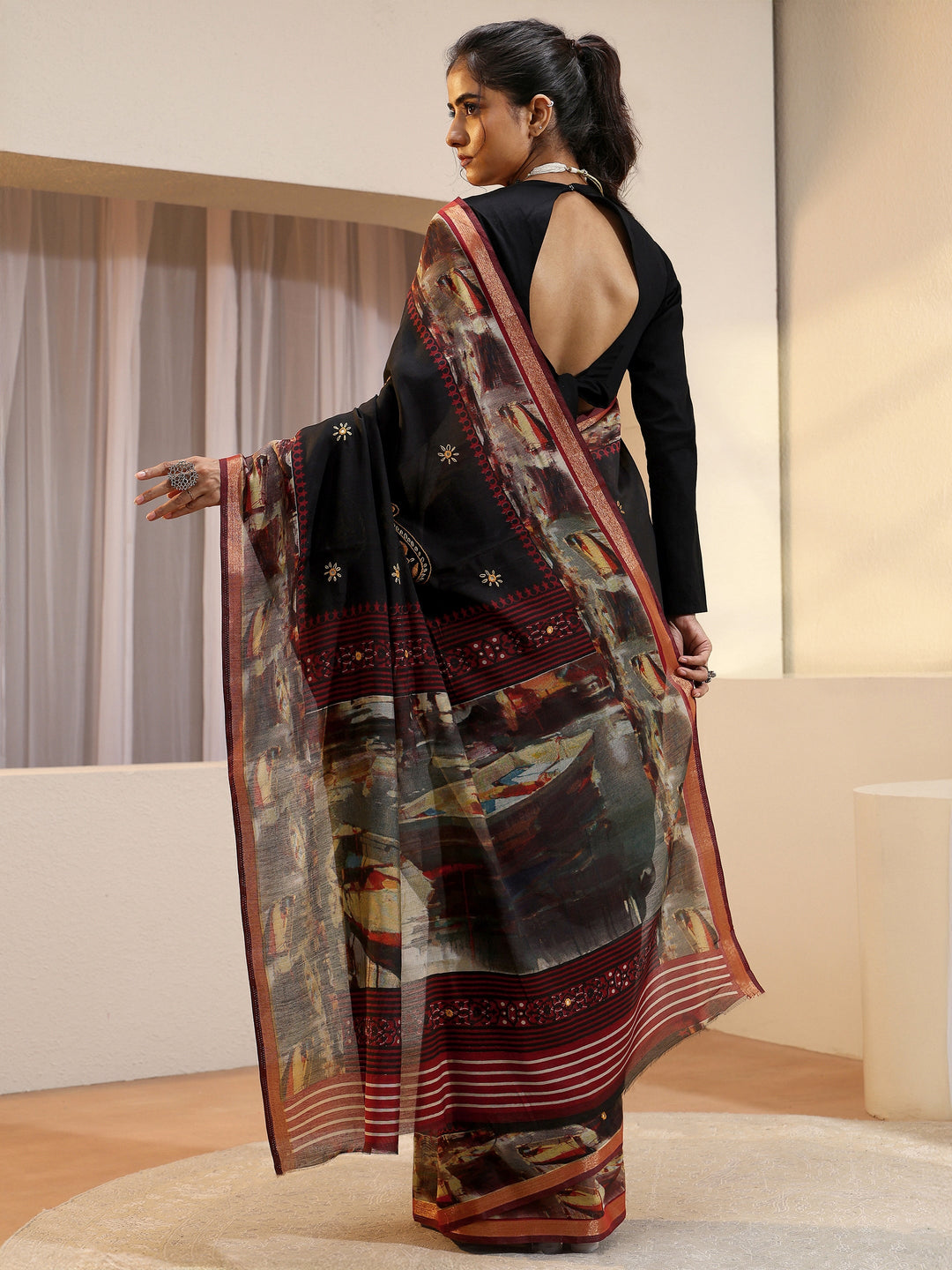  Black Abstract Art Print Silk Blend Saree 