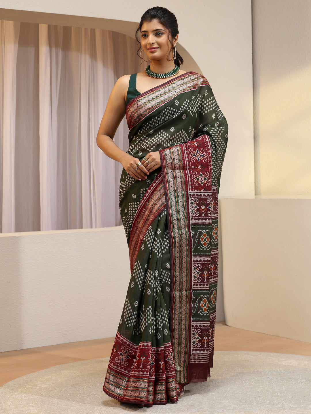  Forest Green Ethnic Print Silk Blend Bomkai Saree 