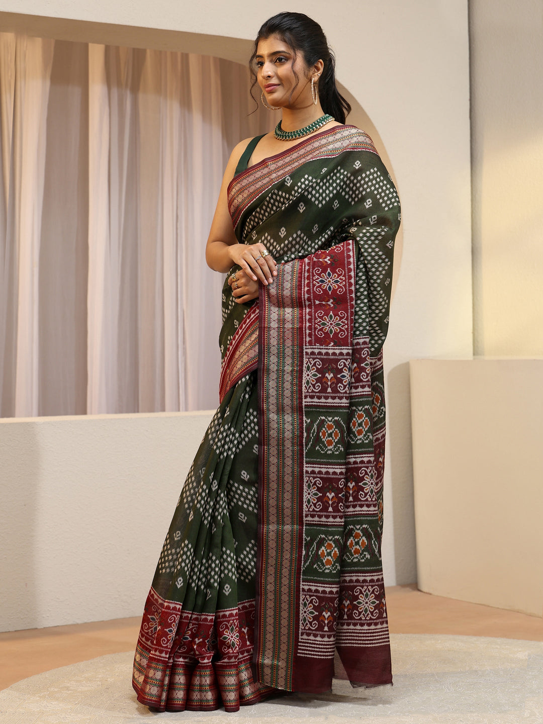  Forest Green Ethnic Print Silk Blend Bomkai Saree 