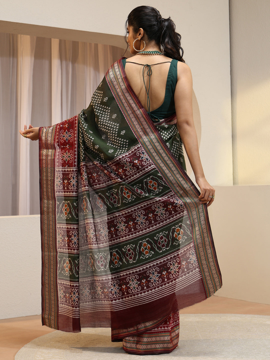  Forest Green Ethnic Print Silk Blend Bomkai Saree 