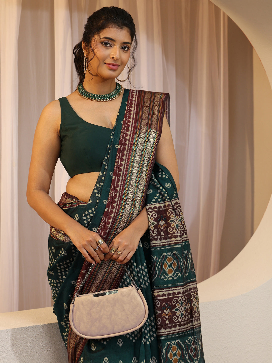  Teal Ethnic Print Silk Blend Bomkai Saree 