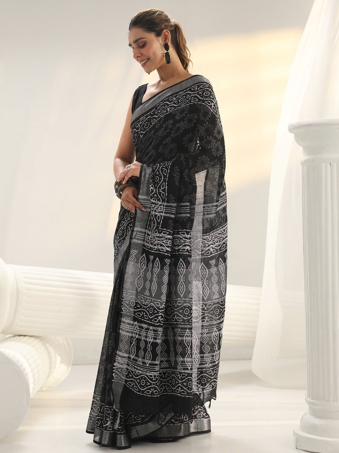  Black Bagru Print Cotton Saree 