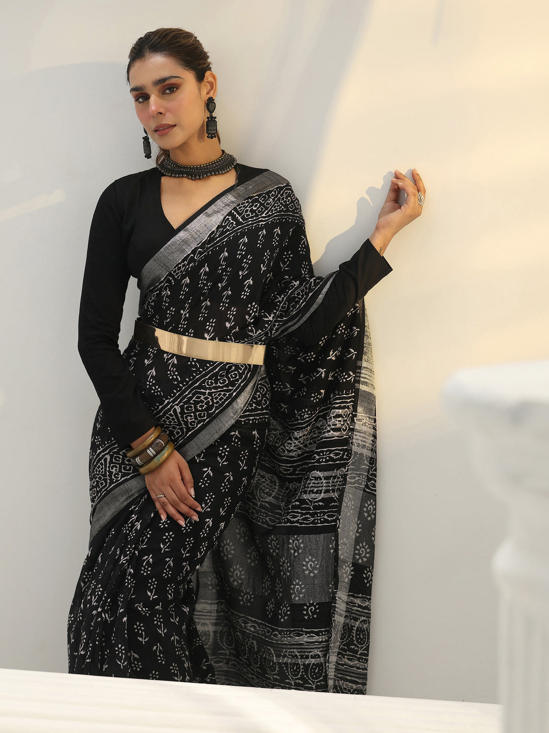  Black Floral Printed Cotton Saree 