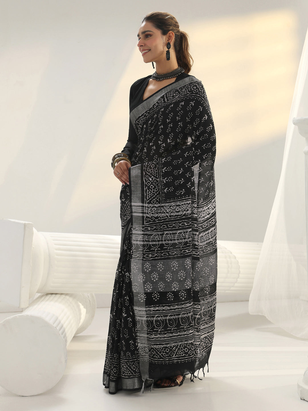  Black Floral Printed Cotton Saree 