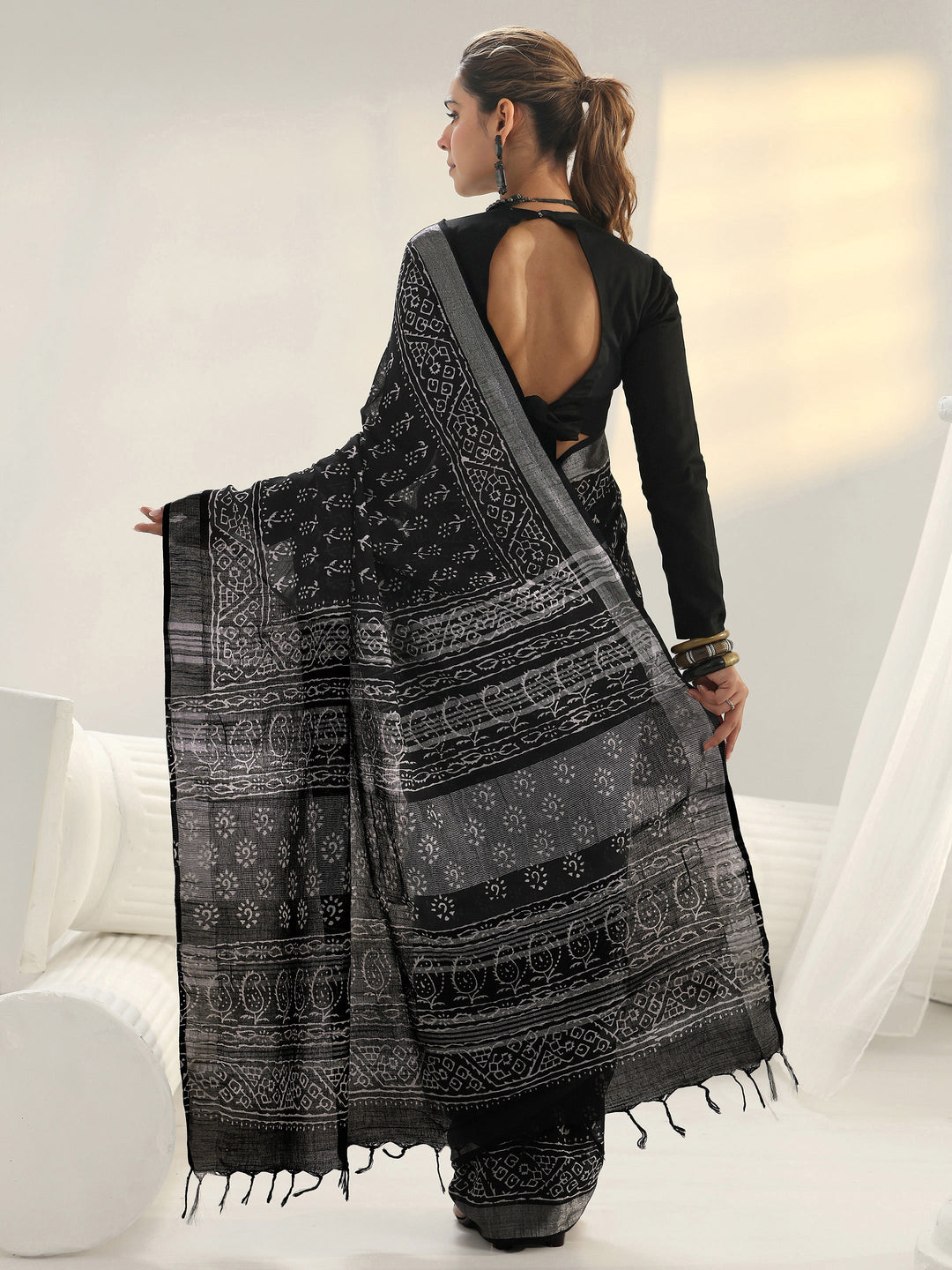  Black Floral Printed Cotton Saree 