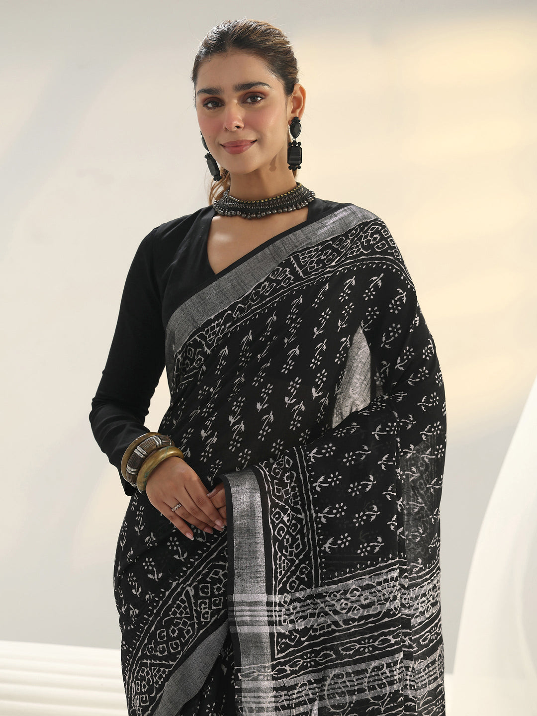  Black Floral Printed Cotton Saree 