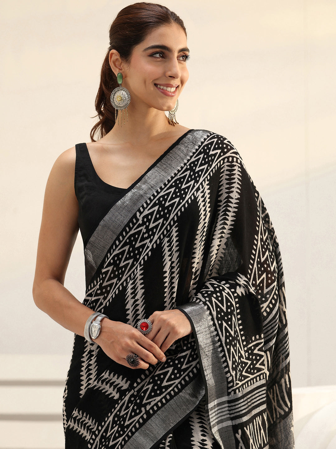  Black Striped Printed Cotton Saree 
