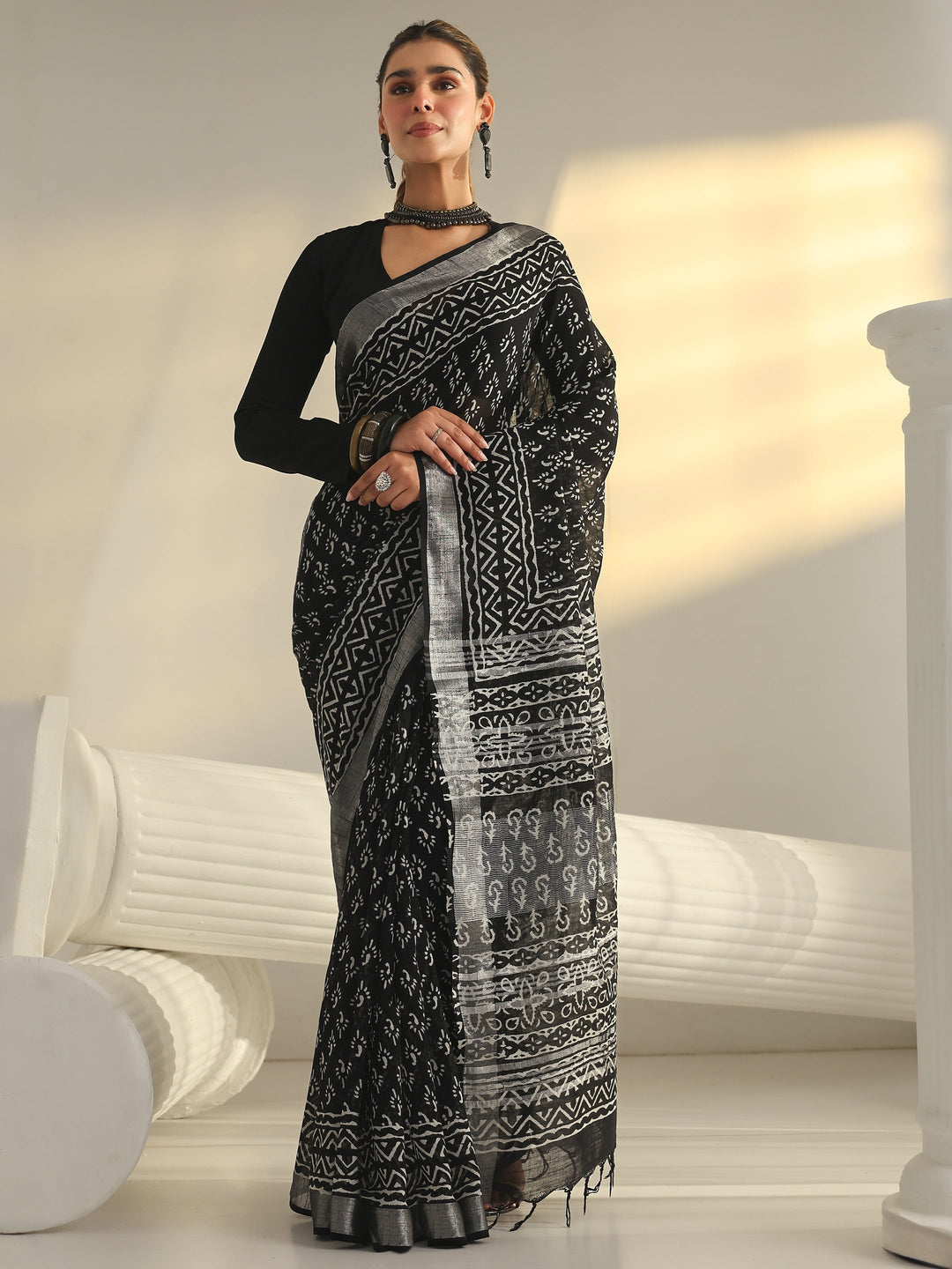  Black Dabu Print Cotton Saree 