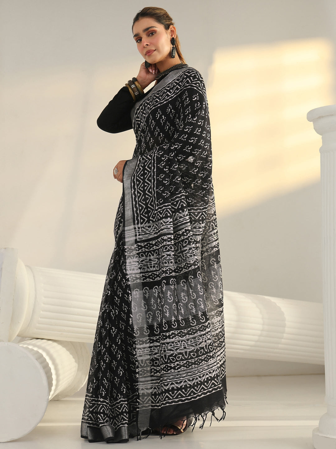  Black Dabu Print Cotton Saree 