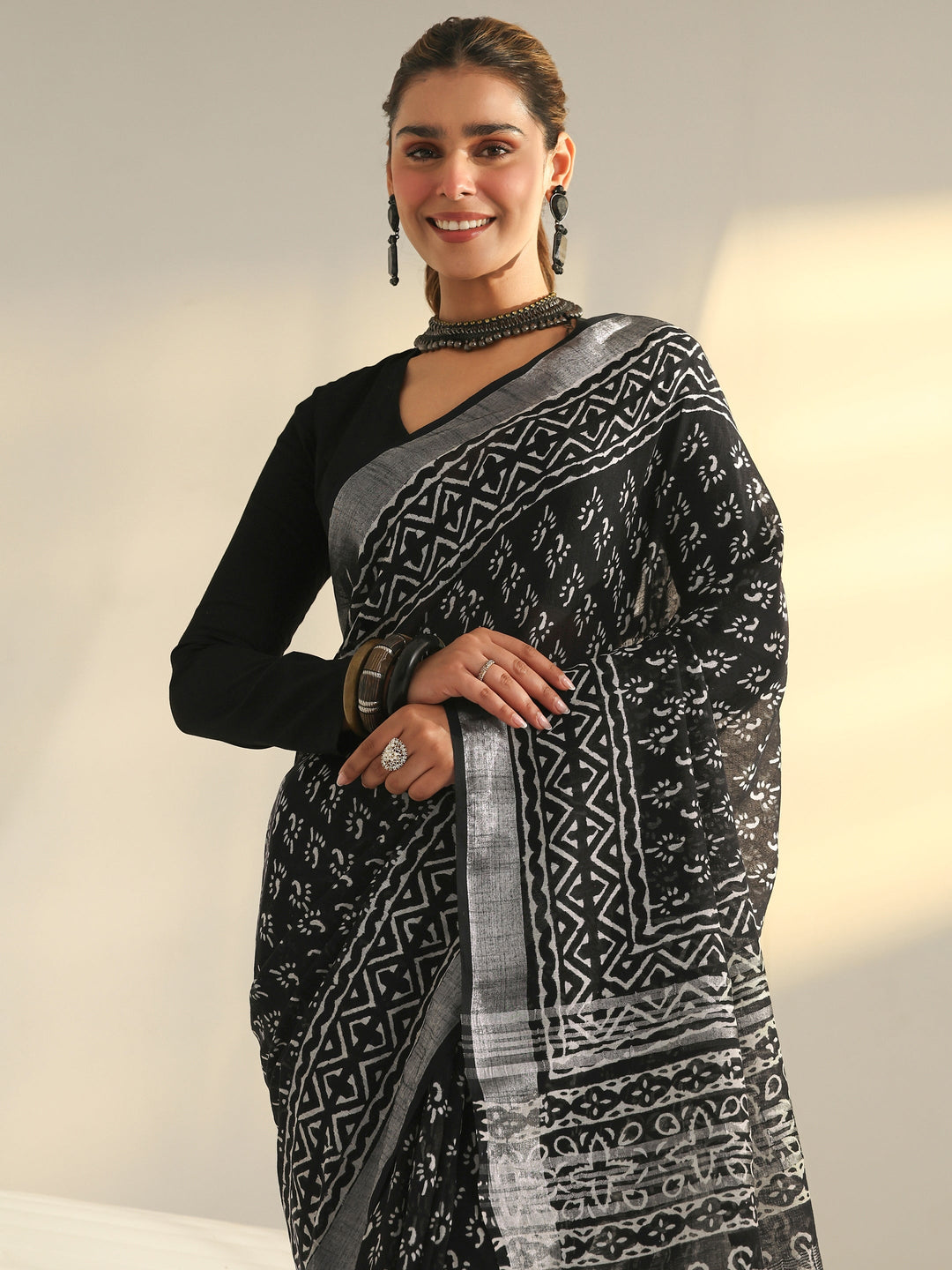  Black Dabu Print Cotton Saree 
