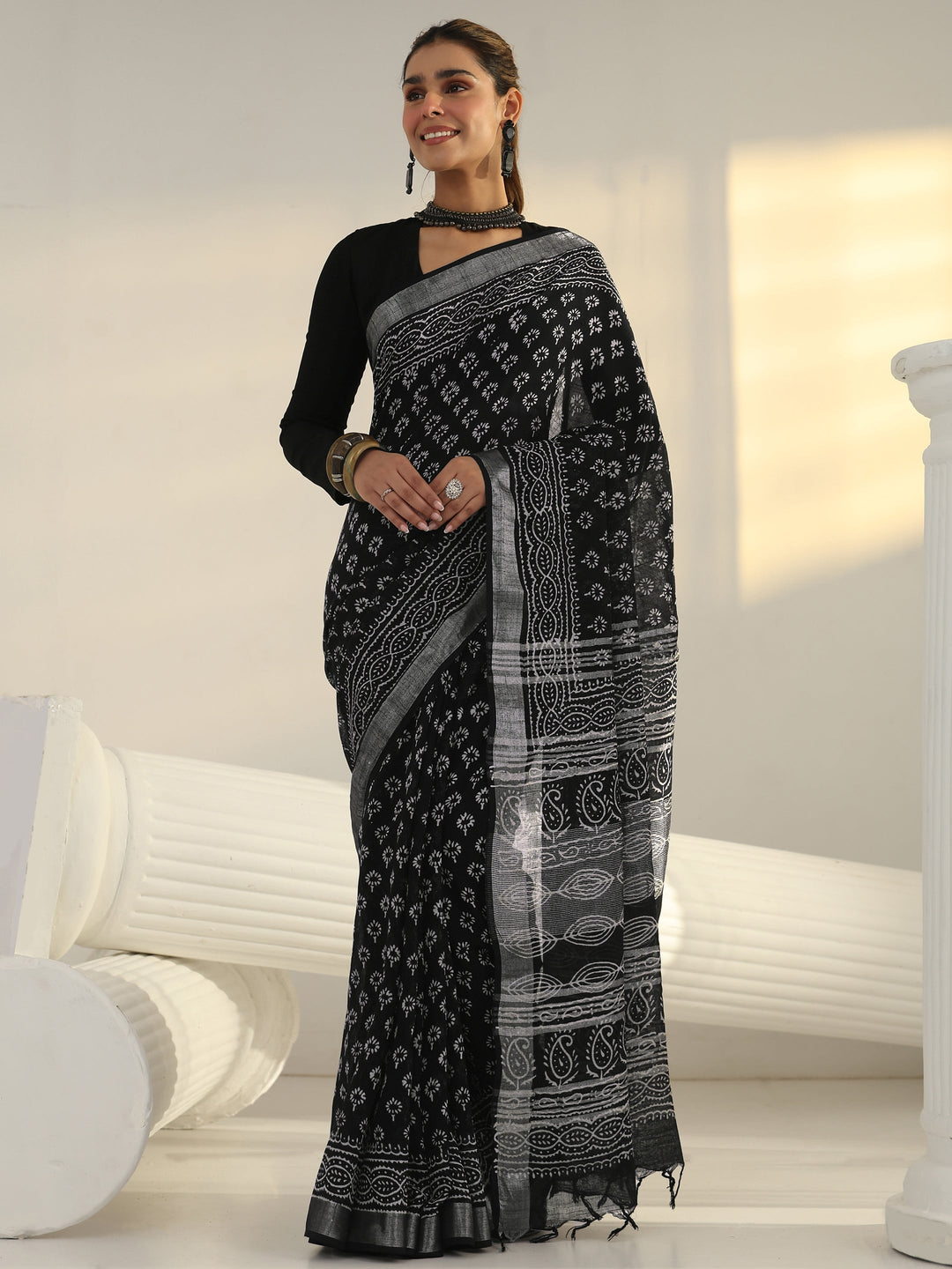  Black Dabu Print Cotton Saree 