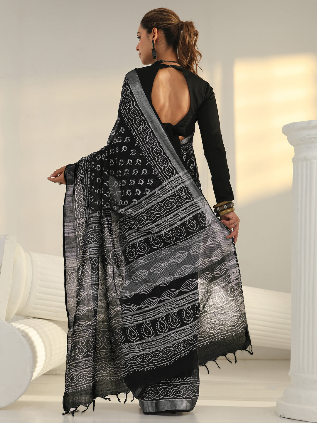  Black Dabu Print Cotton Saree 