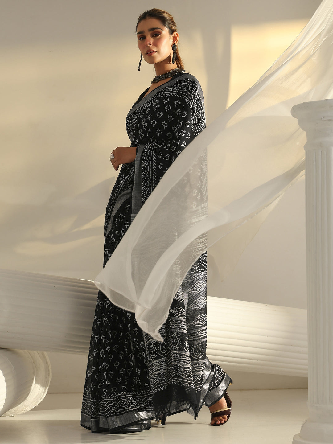  Black Dabu Print Cotton Saree 