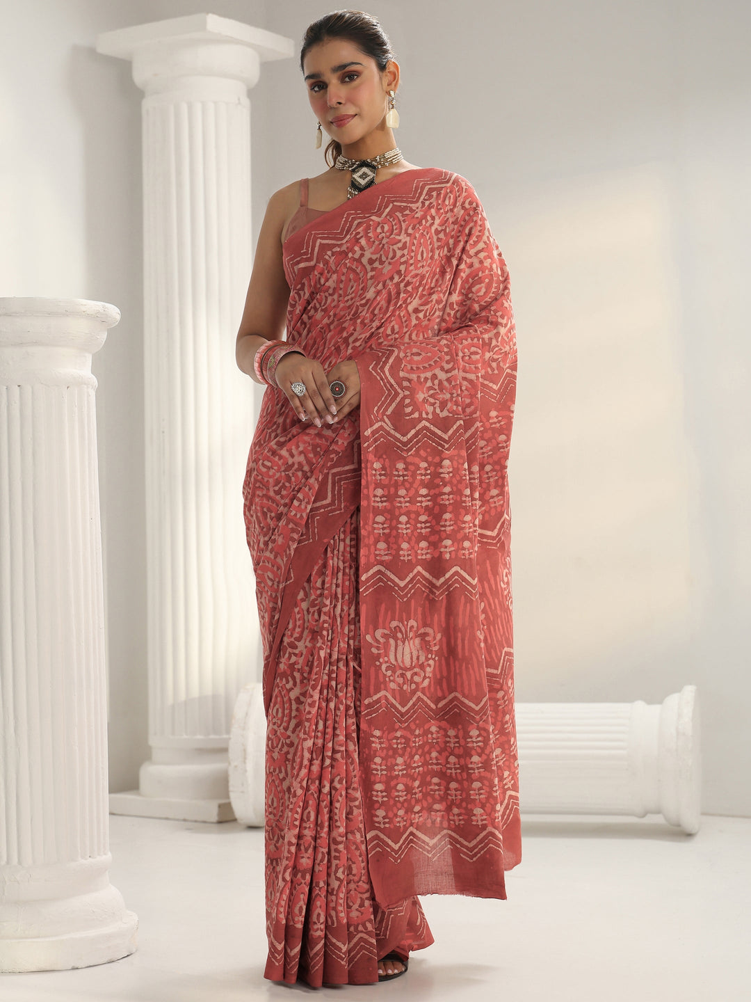  Pink Batik Print Cotton Saree 