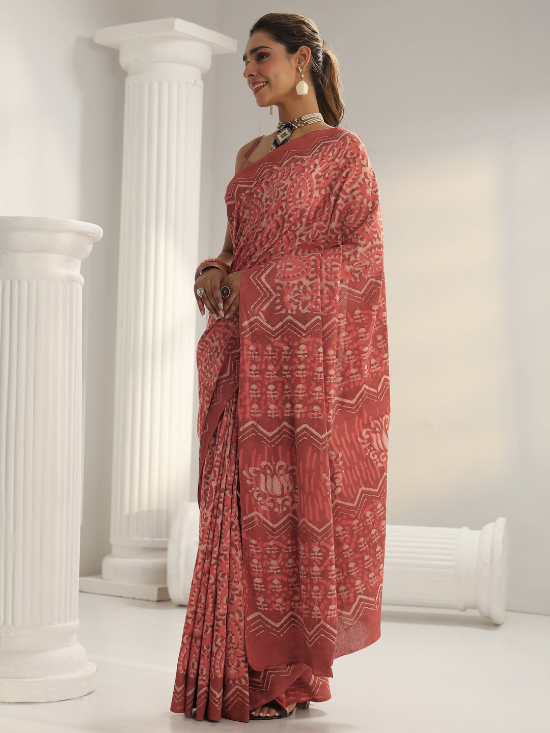  Pink Batik Print Cotton Saree 
