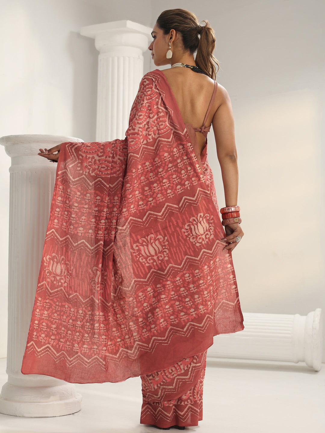  Pink Batik Print Cotton Saree 