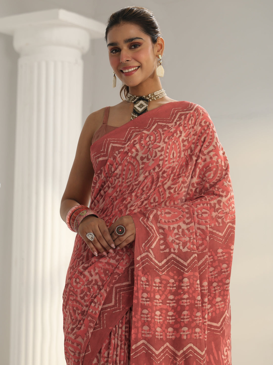  Pink Batik Print Cotton Saree 