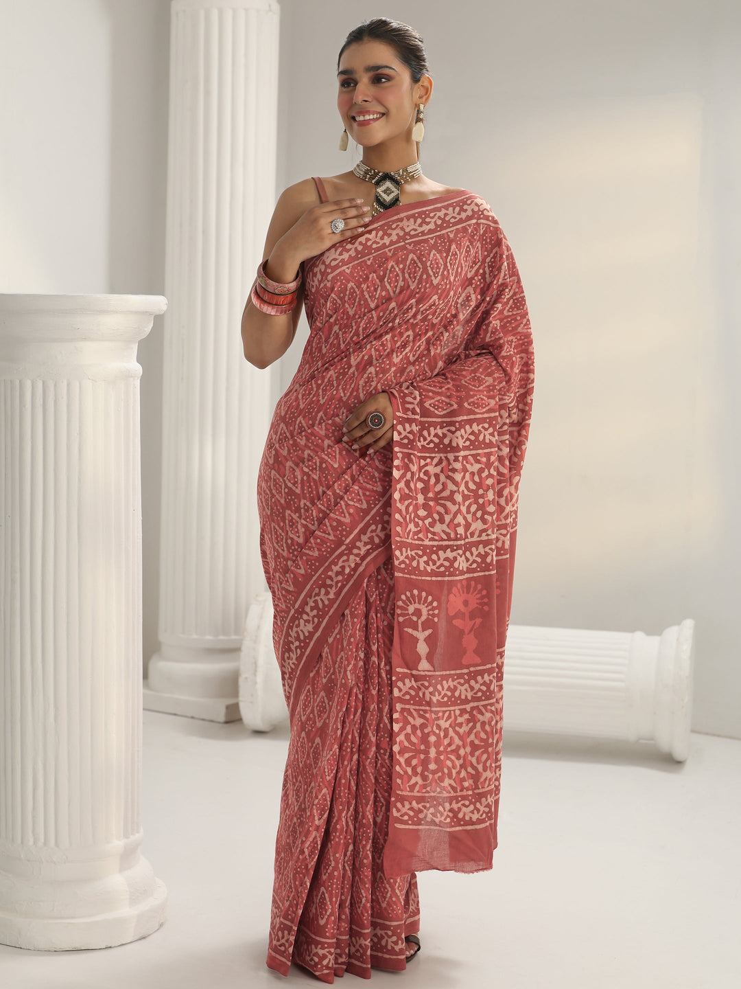  Pink Dabu Print Cotton Saree 