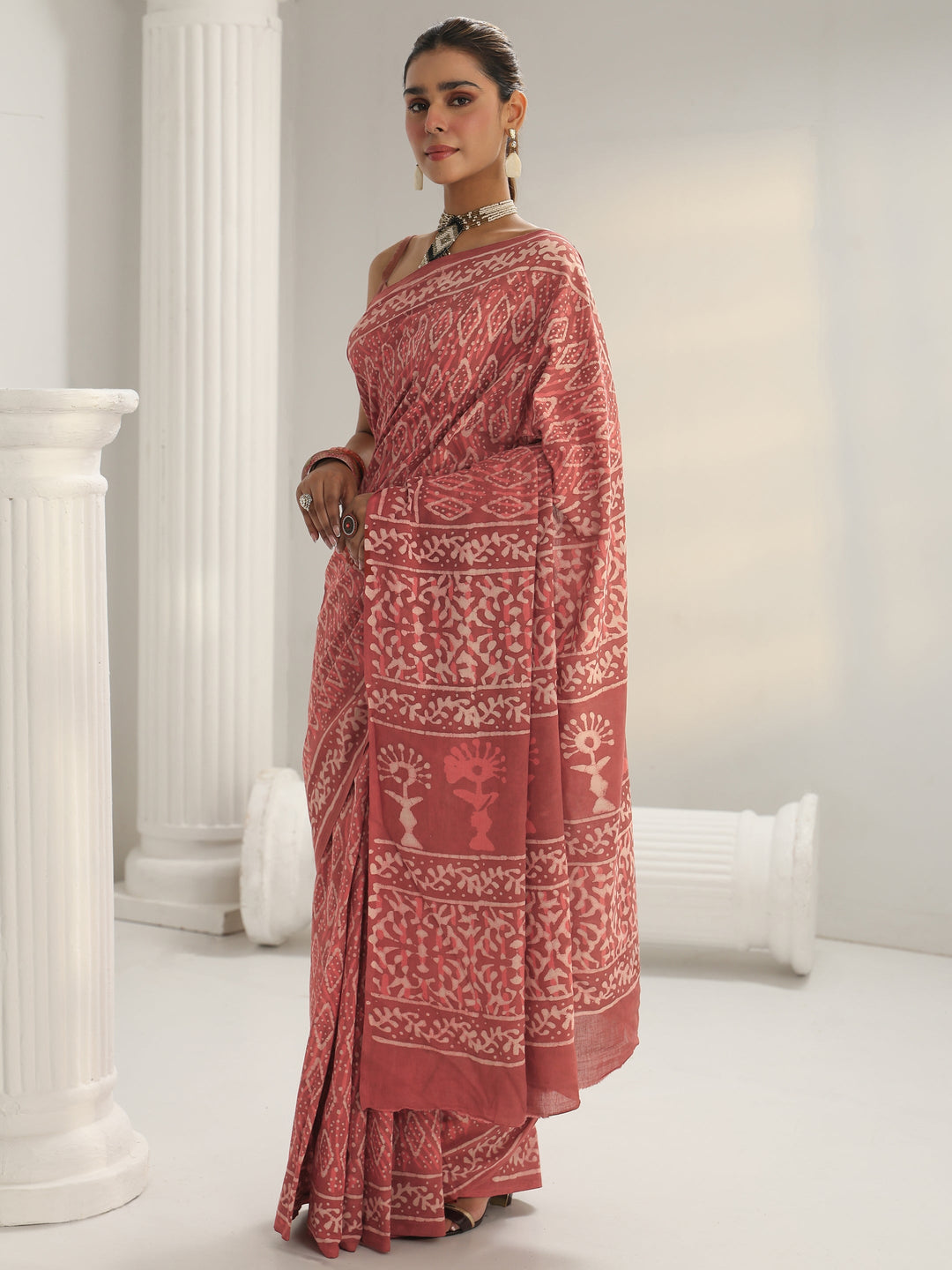  Pink Dabu Print Cotton Saree 