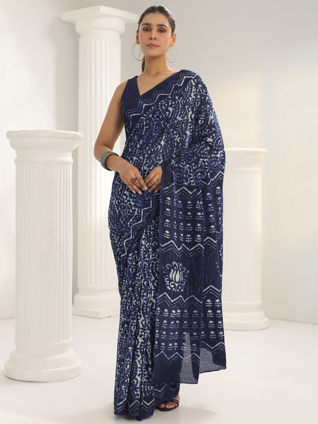  Indigo Batik Print Cotton Saree 