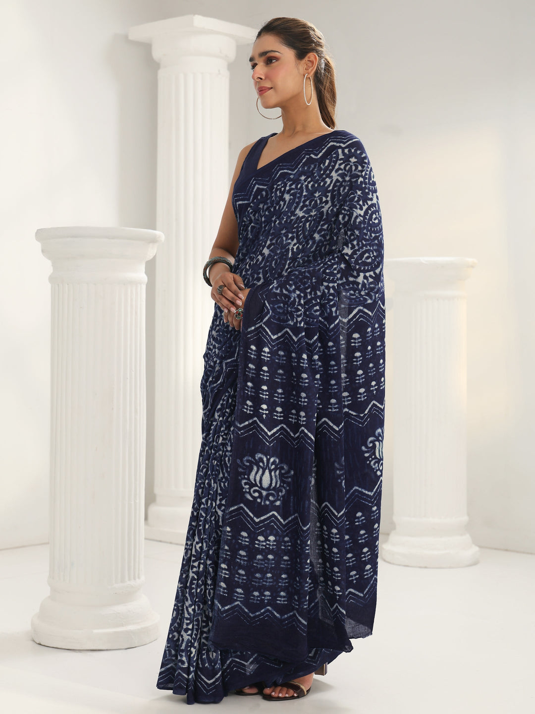  Indigo Batik Print Cotton Saree 