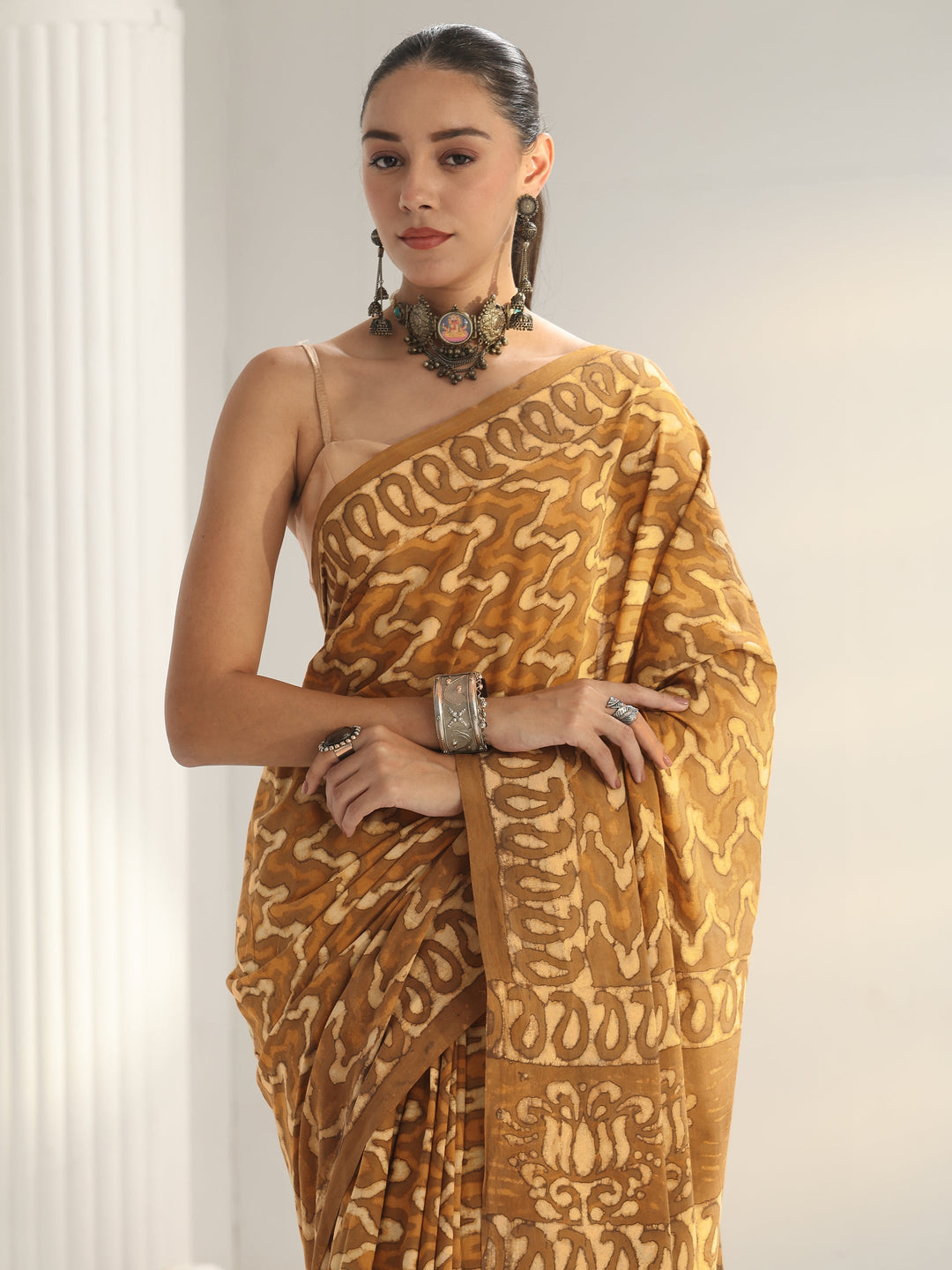 Mustard Batik Print Cotton Saree 