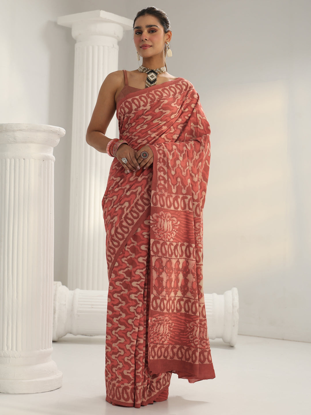  Peach Batik Print Cotton Saree 