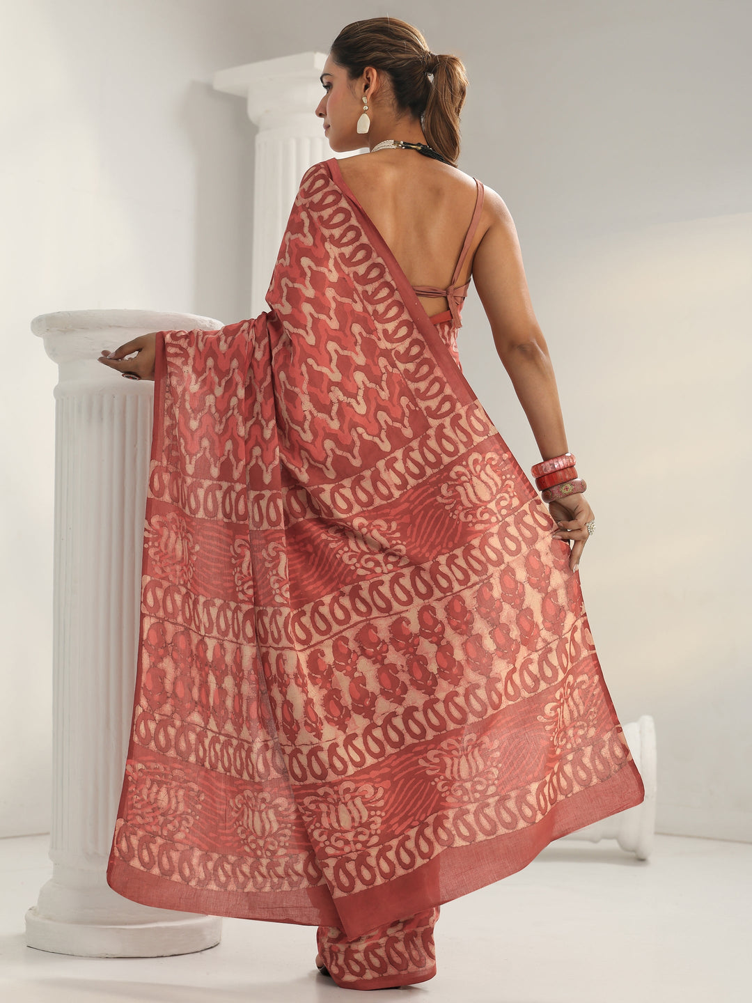  Peach Batik Print Cotton Saree 