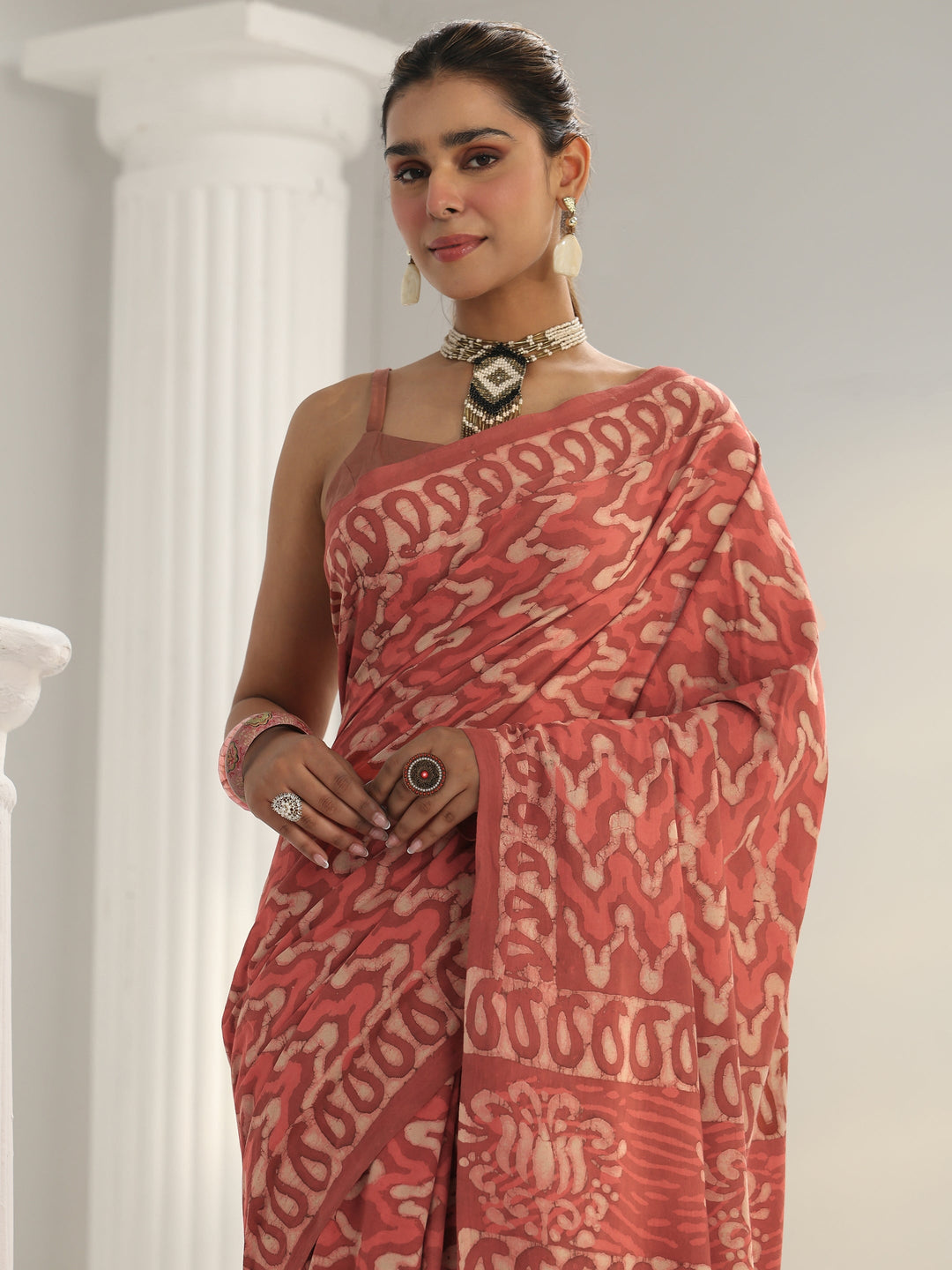  Peach Batik Print Cotton Saree 