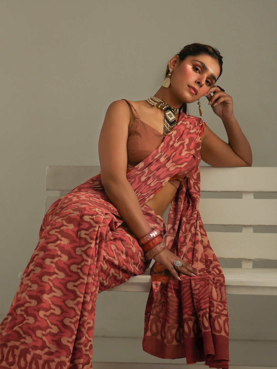  Peach Batik Print Cotton Saree 