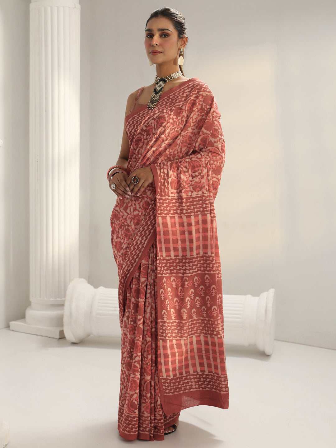  Peach Batik Print Cotton Saree 
