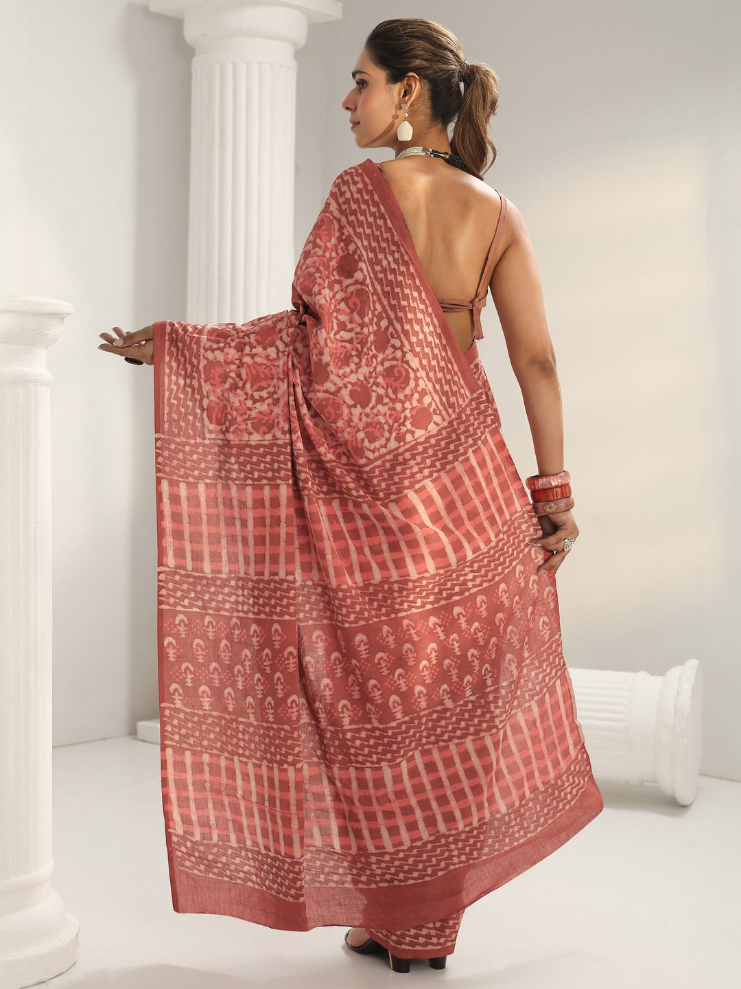  Peach Batik Print Cotton Saree 