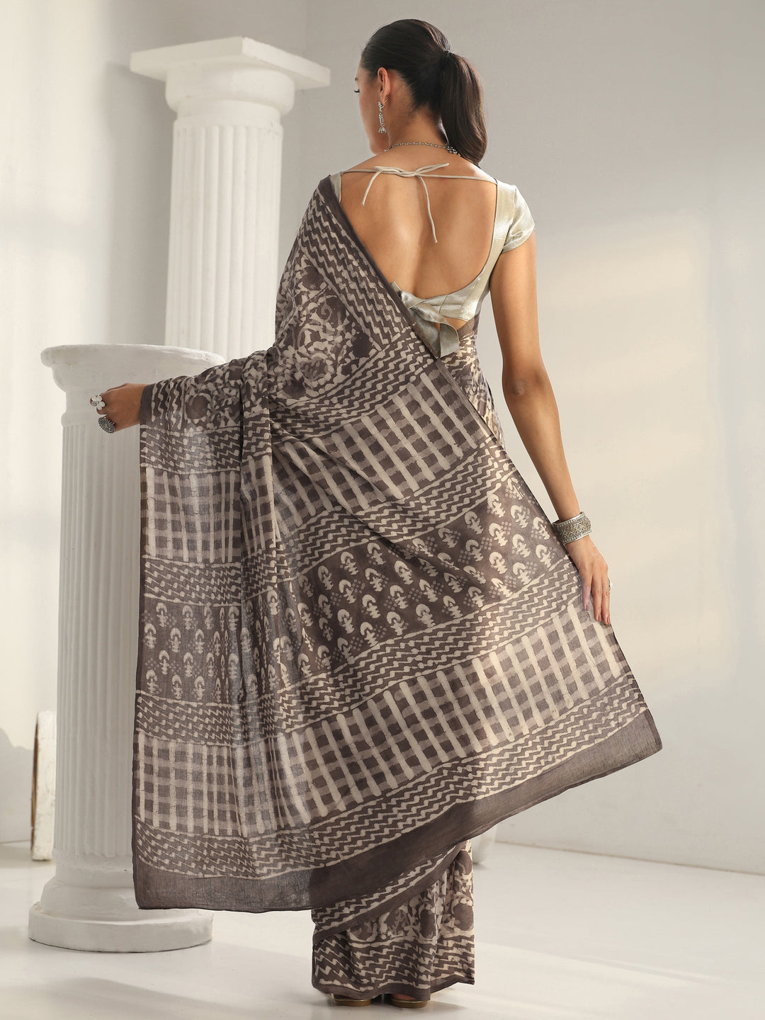  Grey Batik Print Cotton Saree 