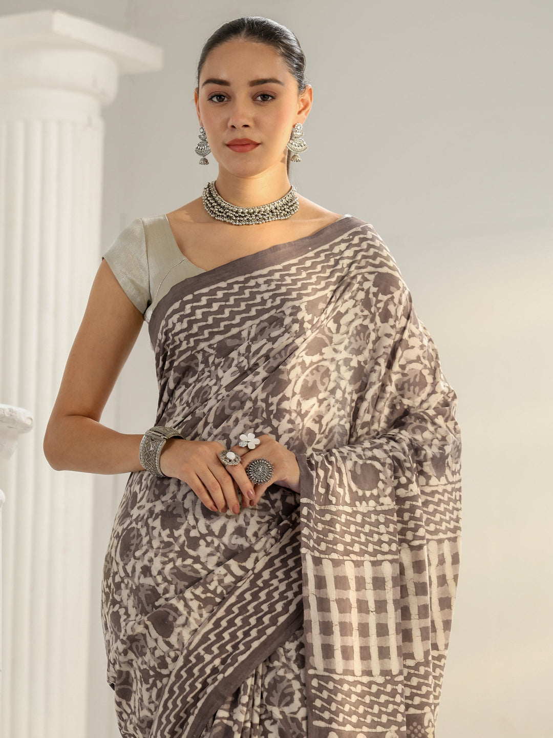  Grey Batik Print Cotton Saree 