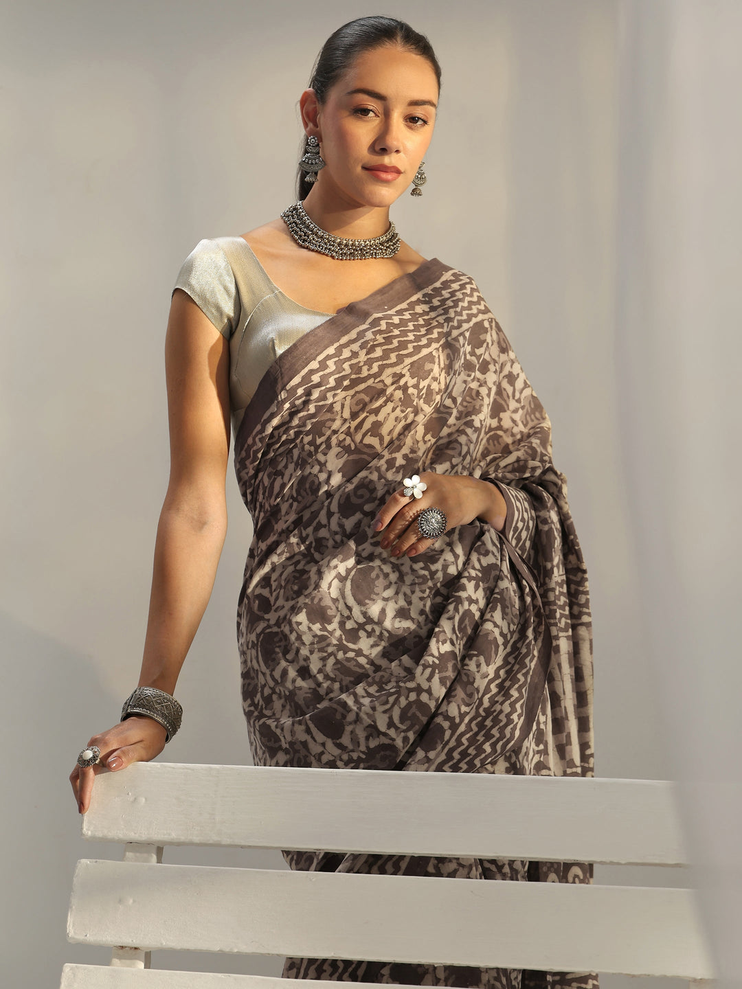  Grey Batik Print Cotton Saree 