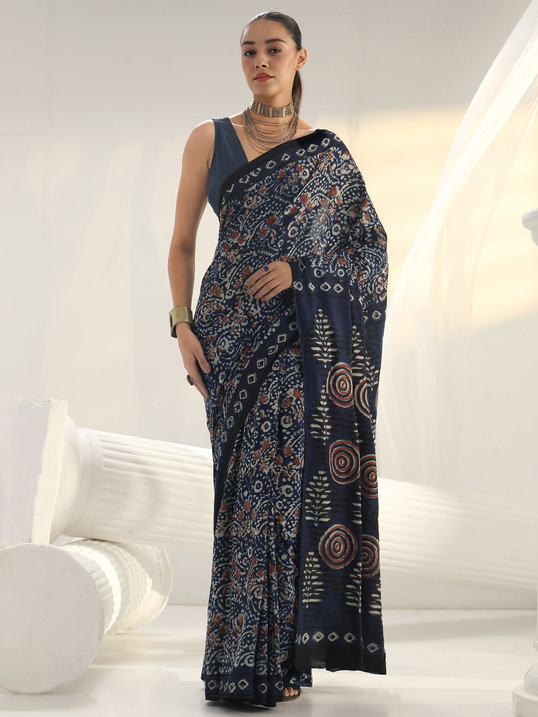  Indigo Bagru Print Cotton Saree 